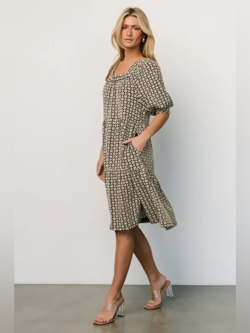 Baltic Born Black & Cream dress Geometric Puff‑Sleeve Dress – 1XL autumn wedding